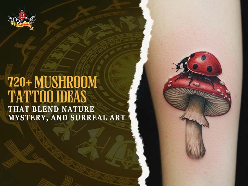A realistic and cute mushrooms tattoo design featuring a red ladybug on a mushroom cap.