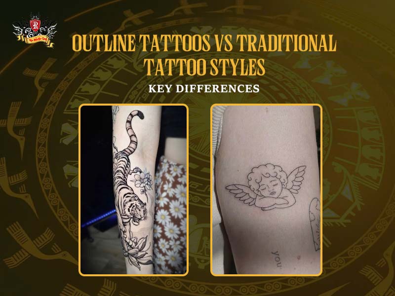 Split screen comparing a vibrant traditional piece with a sharp macro fine line outline tattoos at Rio Tattoo Studio.