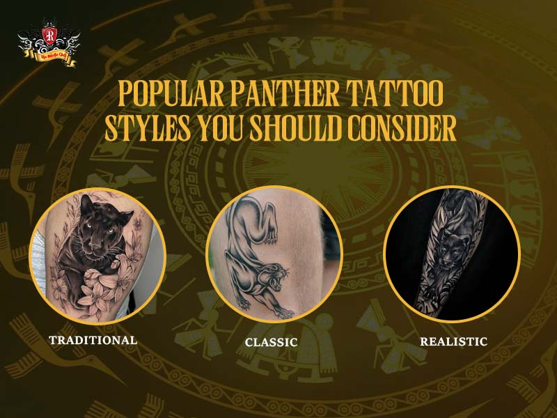 A three panel showcase of traditional classic and realistic panther tattoo styles from Rio Tattoo Studio.