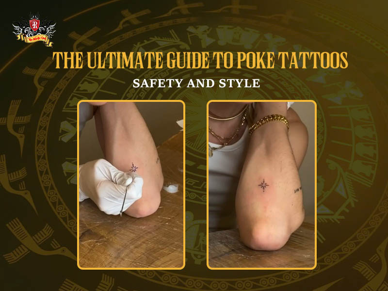Split photo of an artist hand-poking and a finished minimalist poke tattoo at Rio Tattoo Studio.