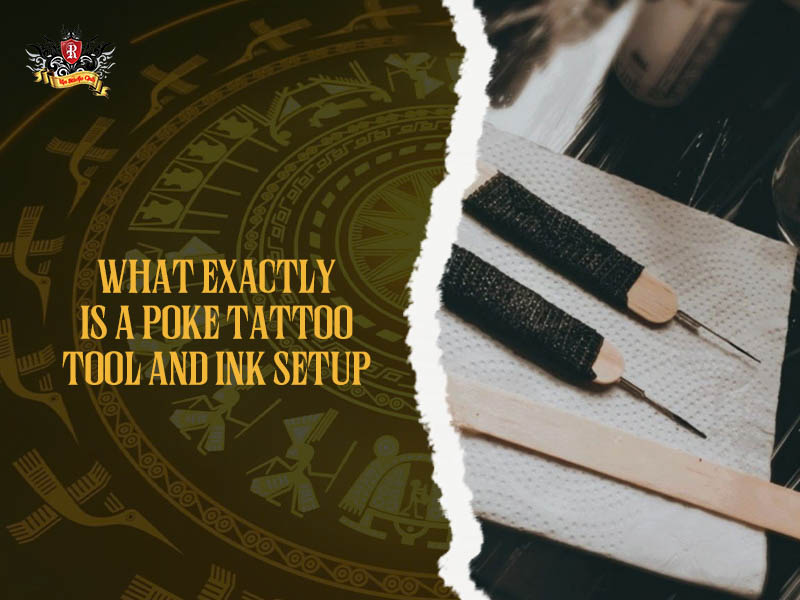 Sterile stick and poke tool with premium ink bottle on a medical tray for a poke tattoo setup at Rio Tattoo Studio.