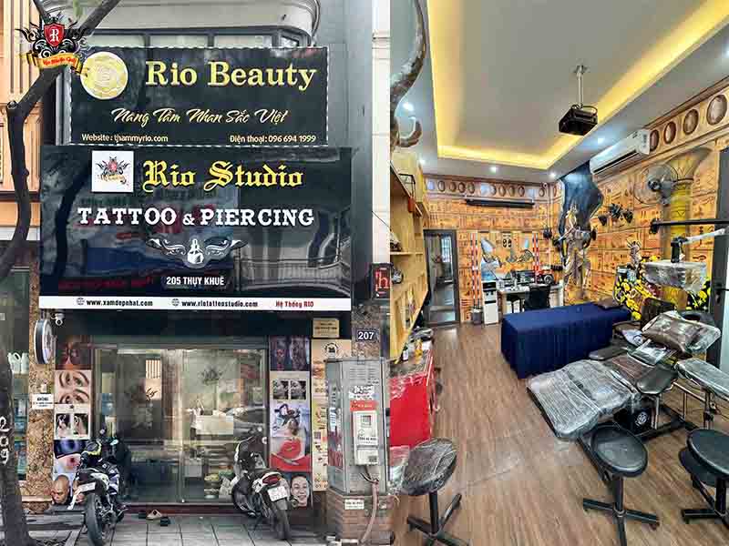 Luxury storefront of Rio Tattoo Studio in Hanoi offering professional hand and poke tattoo services.