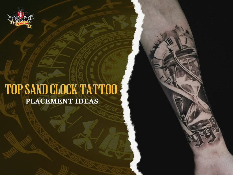 Dynamic forearm sand clock tattoo style.