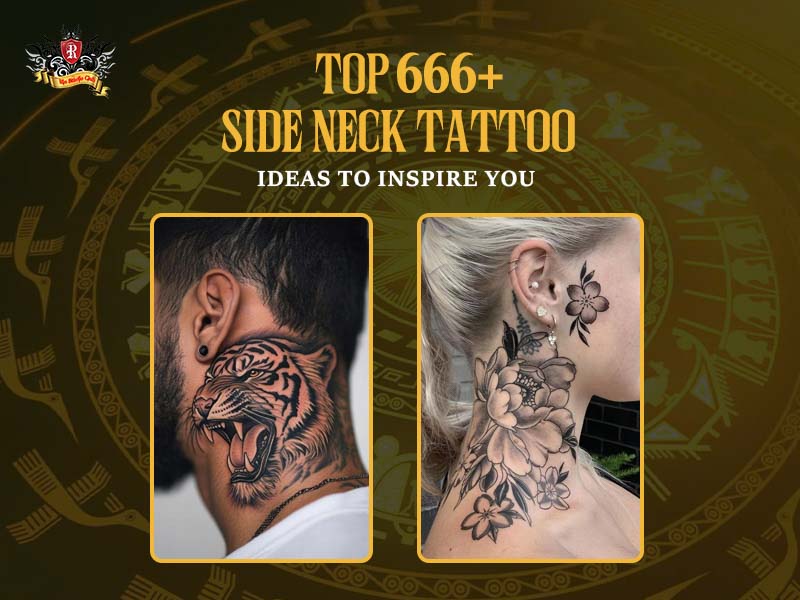 High-quality split photo of a male and female model showing unique side neck tattoo art at Rio Tattoo Studio.