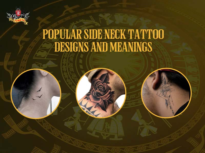 A collection of various side neck tattoo designs including minimalist, realistic rose, and geometric patterns.