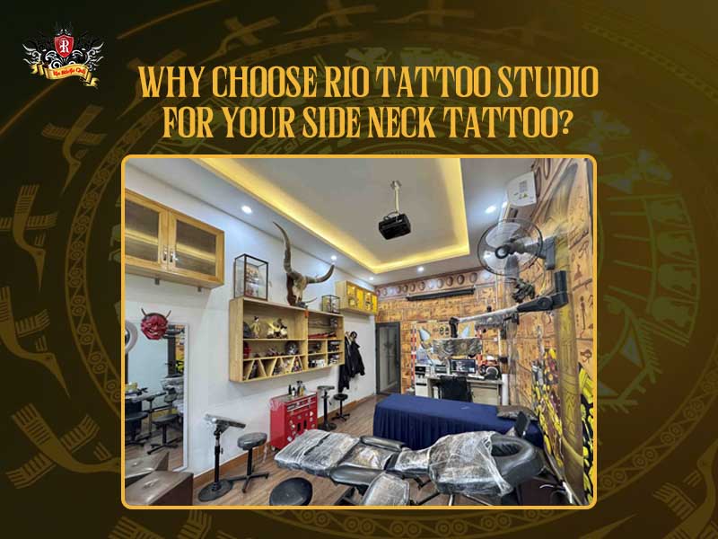 Master artist precisely inking a sharp custom side neck tattoo for an international client at Rio Tattoo Studio.