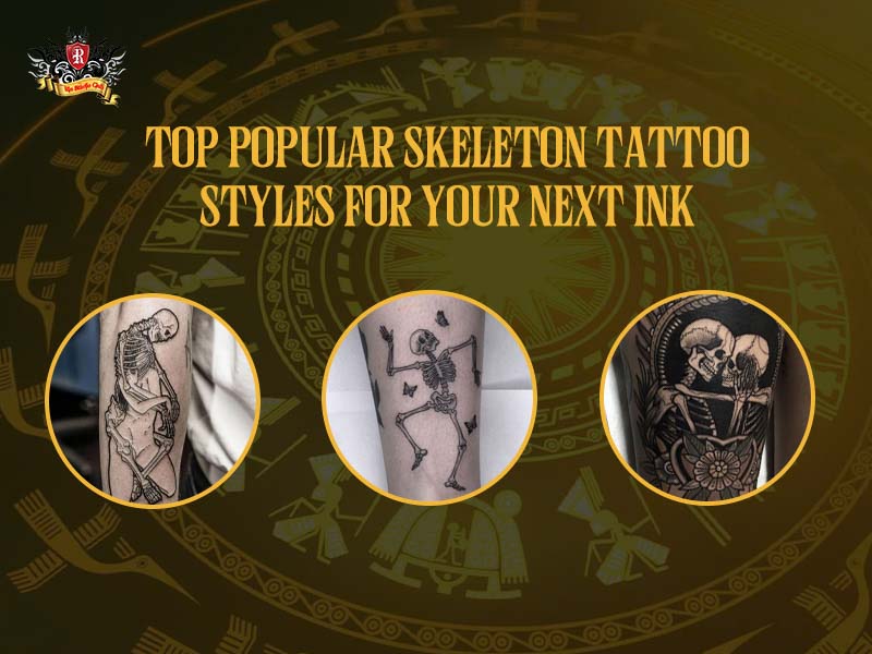 Three unique skeleton tattoo styles comparing traditional, fine line, and realistic 3D designs side by side.