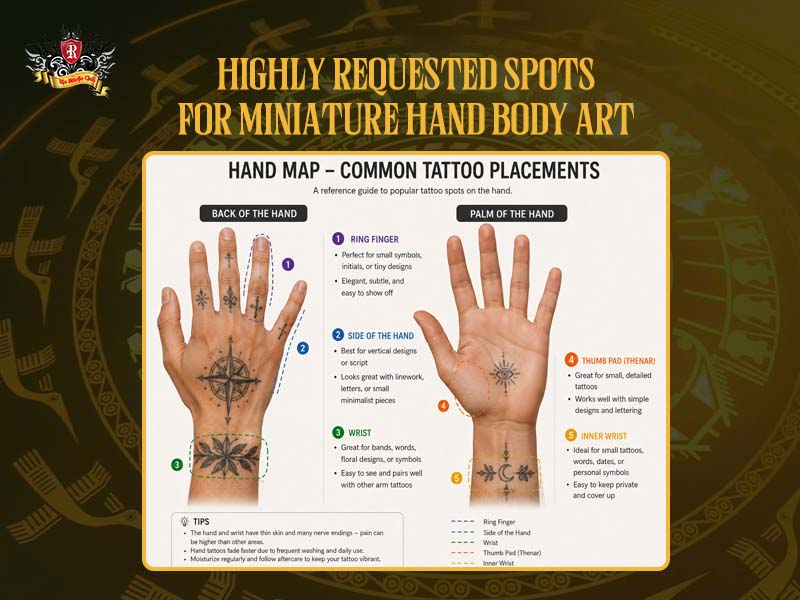 Hand map illustration highlighting popular spots for small hand tattoos at Rio Tattoo Studio.