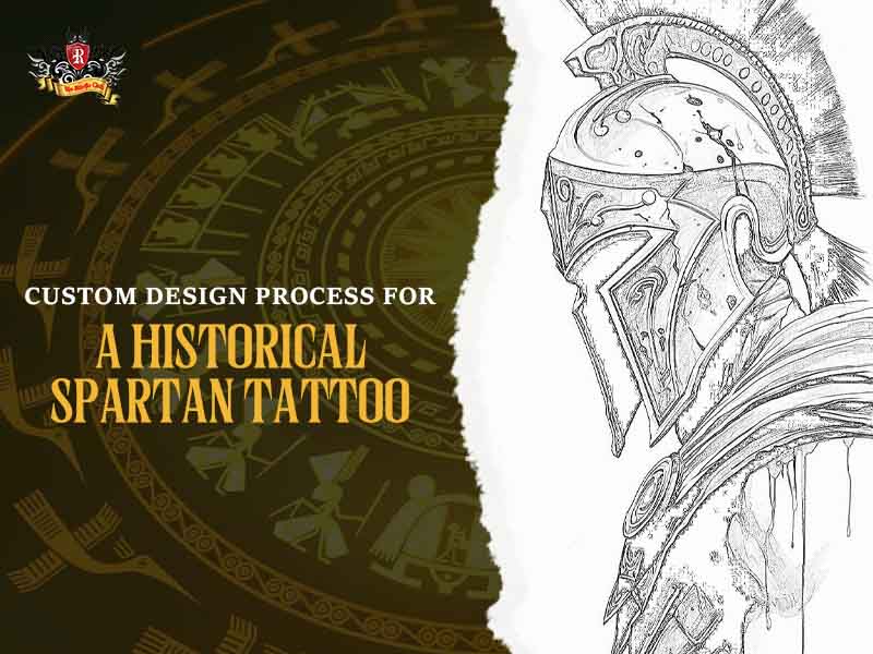 Custom design process for a historical spartan tattoo sketch with drawing tools at Rio Tattoo Studio.