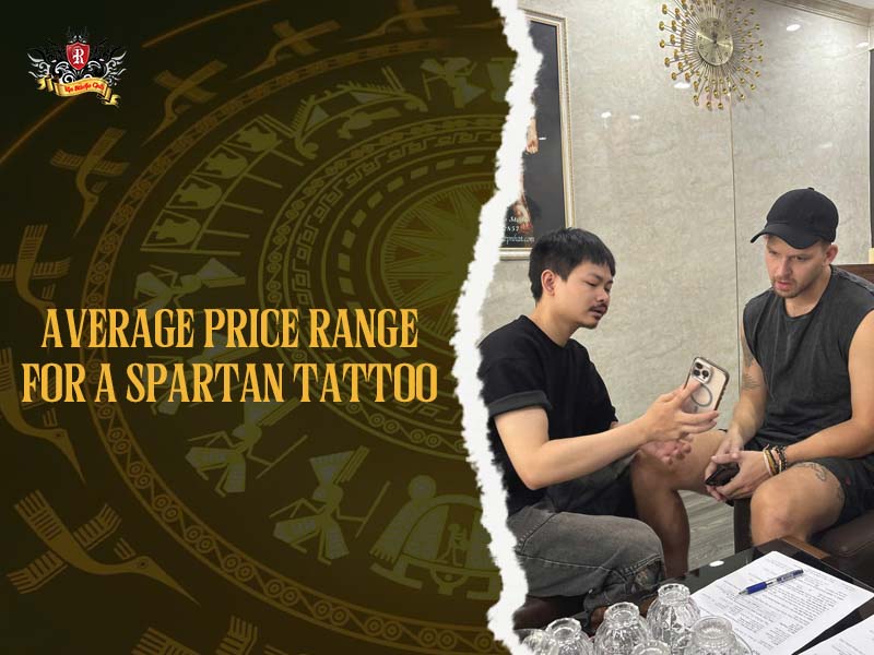 Artist consulting a client about the average price range for a spartan tattoo at Rio Tattoo Studio reception desk.