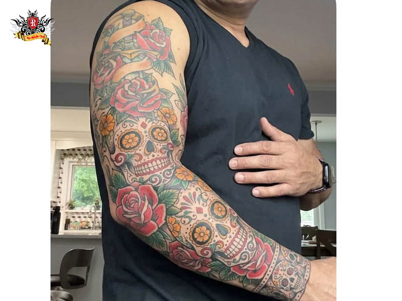 Full sleeve sugar skeleton tattoos art.
