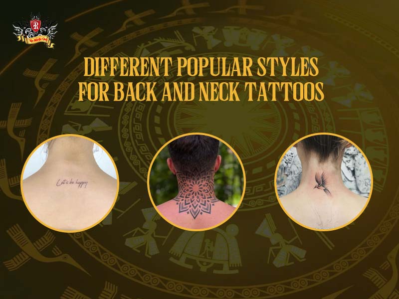 Showcase of script mandala and realistic tattoos for the back of the neck at Rio Tattoo Studio.