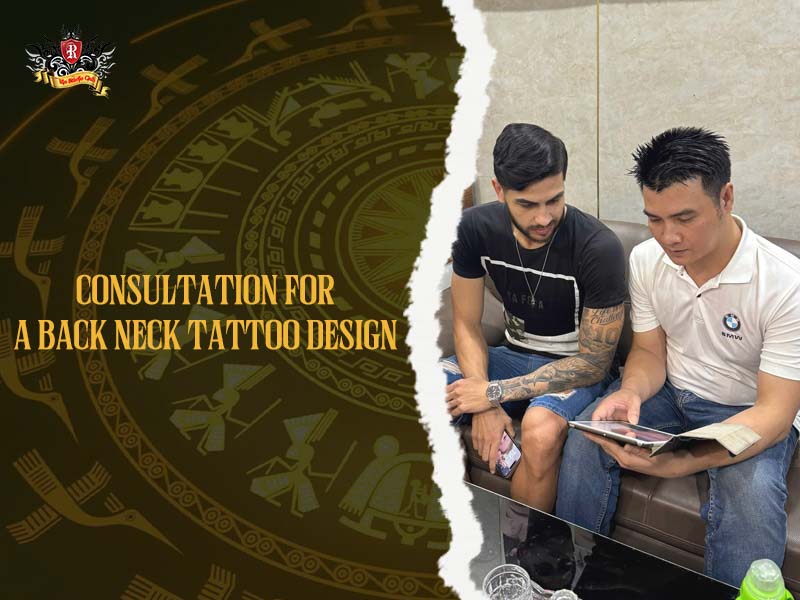 Consultation for custom tattoos for the back of the neck with a foreign client on an iPad at Rio Tattoo Studio.