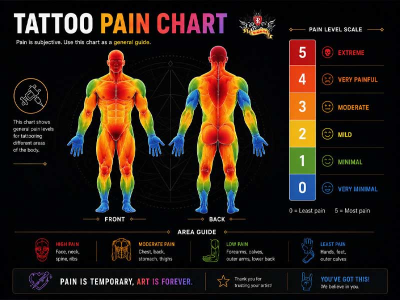 Modern tattoo pain chart with English guide helping tourists plan their first tattoo design placement.
