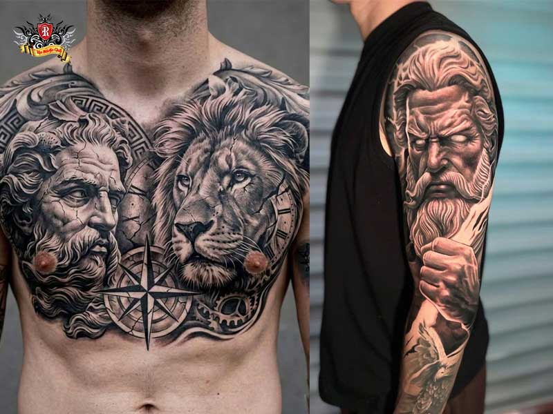 Full chest and sleeve tattoo of zeus.