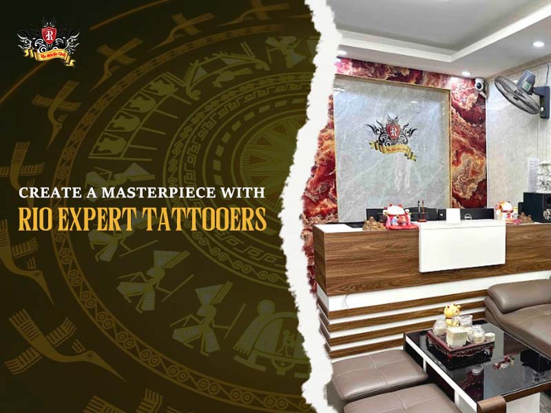 Rio Tattoo Studio luxury Hanoi storefront with text overlay about creating masterpiece upper arm tattoos.