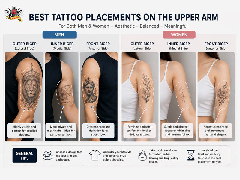 Infographic diagram pointing to ideal placement spots for upper arm tattoos on male and female anatomy at Rio Tattoo Studio.