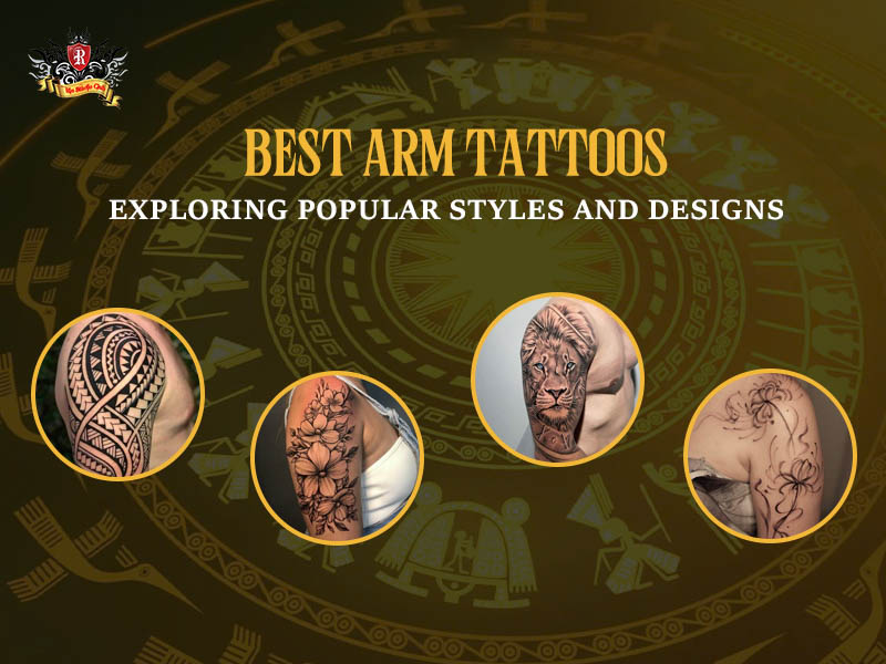 Collage of upper arm tattoos featuring a geometric mandala, soft lotus, and Japanese dragon at Rio Tattoo Studio.