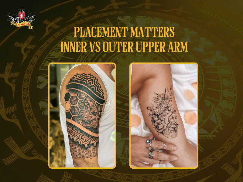 Split-screen comparison of inner and outer upper arm tattoos on a client at Rio Tattoo Studio.