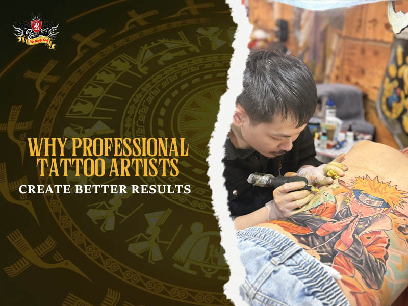 Focused artist tattooing sharp lines for upper arm tattoos on a relaxed client at Rio Tattoo Studio.