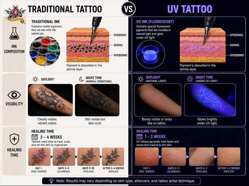 Visual comparison chart between traditional body art and a custom uv tattoo at Rio Tattoo Studio.
