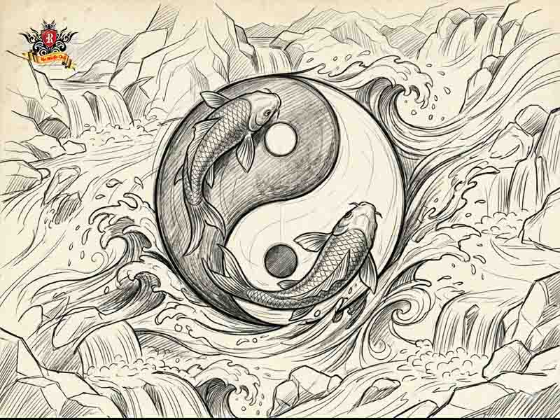 Sketch of a yin yang koi carp tattoo blending a Taoist circle with two fish swimming upstream at Rio Tattoo Studio.