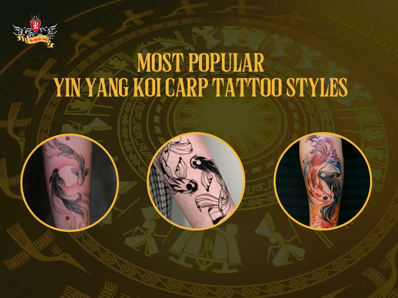 Three yin yang koi carp tattoo styles including Japanese inspired black and grey and colorful at Rio Tattoo Studio.
